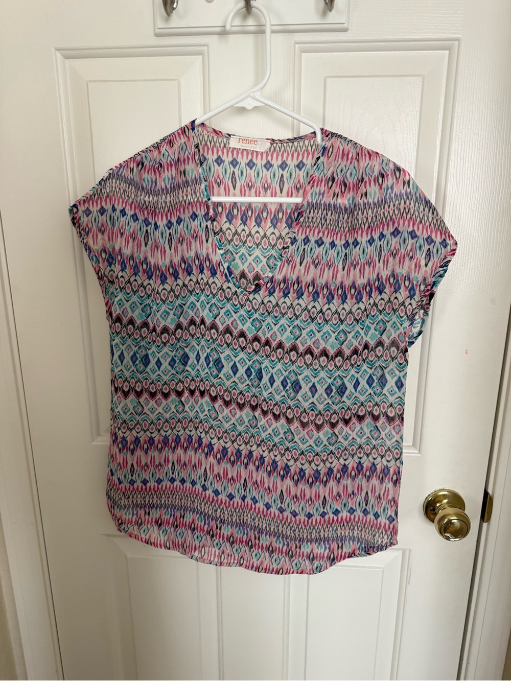 Renee C. V-Neck Ikat Print Top - Pink & Teal